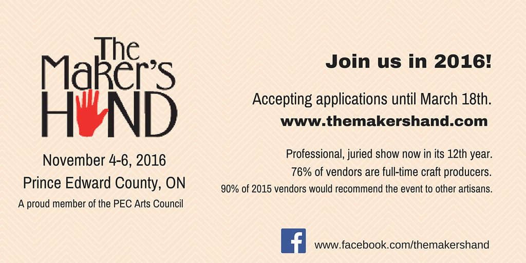 Join us in 2016! Accepting applications until March 18th. bit.ly/1Te6jh5
#PECArts #MadeinCanada #FineCraft