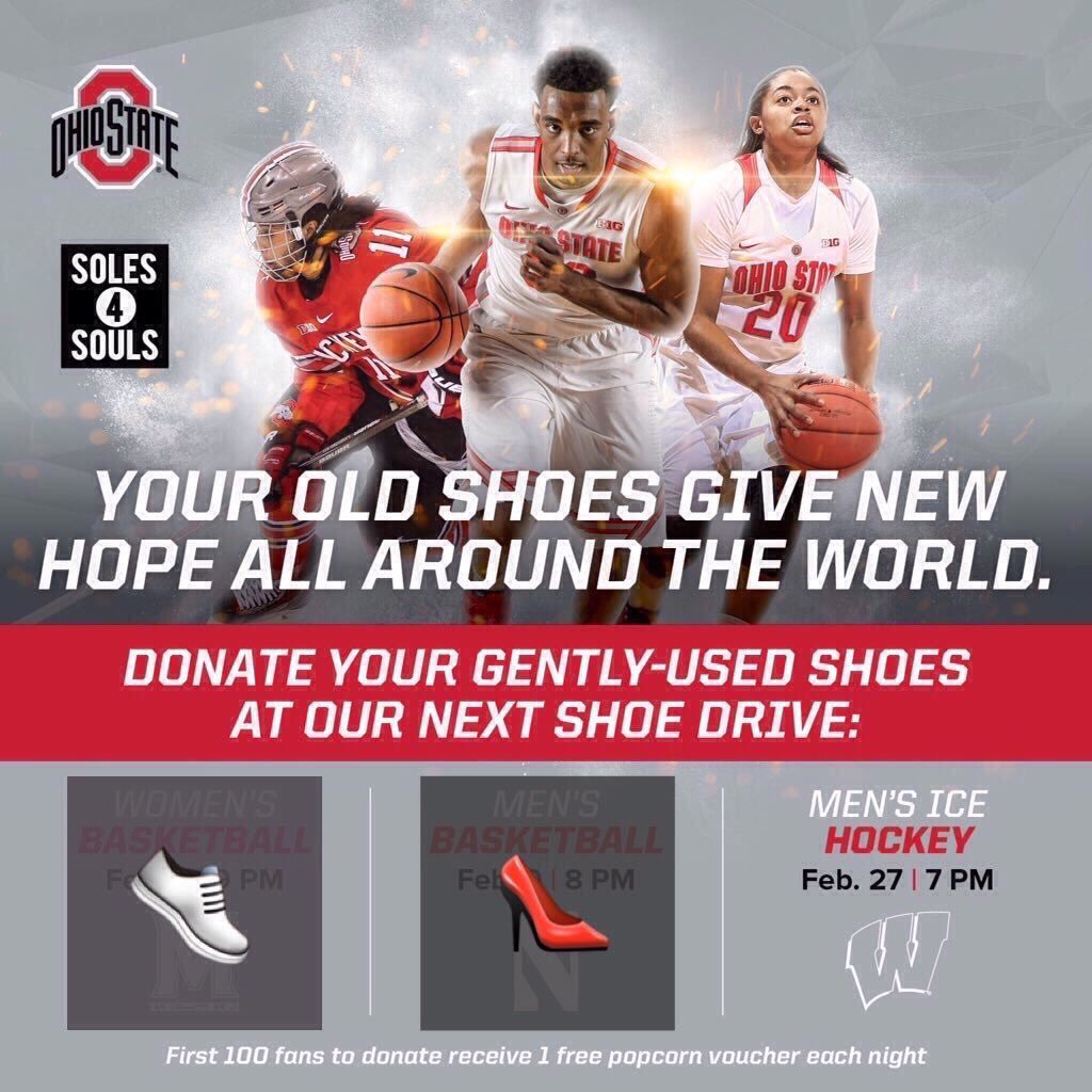 OhioStateMHKY's tweet photo. Special #SeniorNight gameday for the Buckeyes. Gently used 👞👠👢👟 will be collected for @Soles4Souls. 7pm ⚫️ drop. https://t.co/BNiEC59dkR
