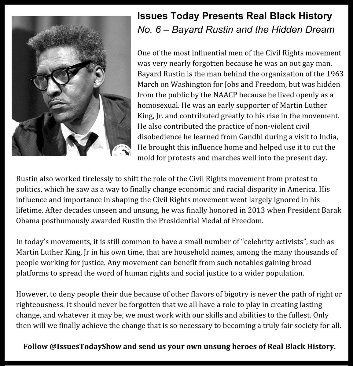 IssuesTodayShow's tweet photo. ICYMI: This #BlackHistoryMonth #IssuesToday asks, did you know about #BayardRustin? If not, now you do. https://t.co/DAqvGGghq4