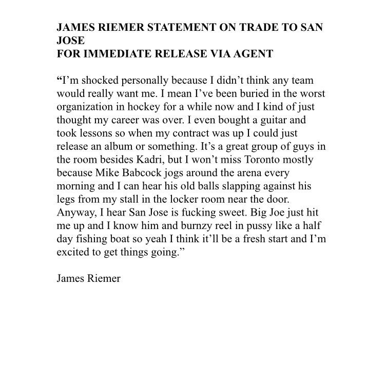 heatdaddy69420's tweet photo. Yeah, wow that was quick. James Riemer's statement on being traded to San Jose today: https://t.co/17bCd2b7np