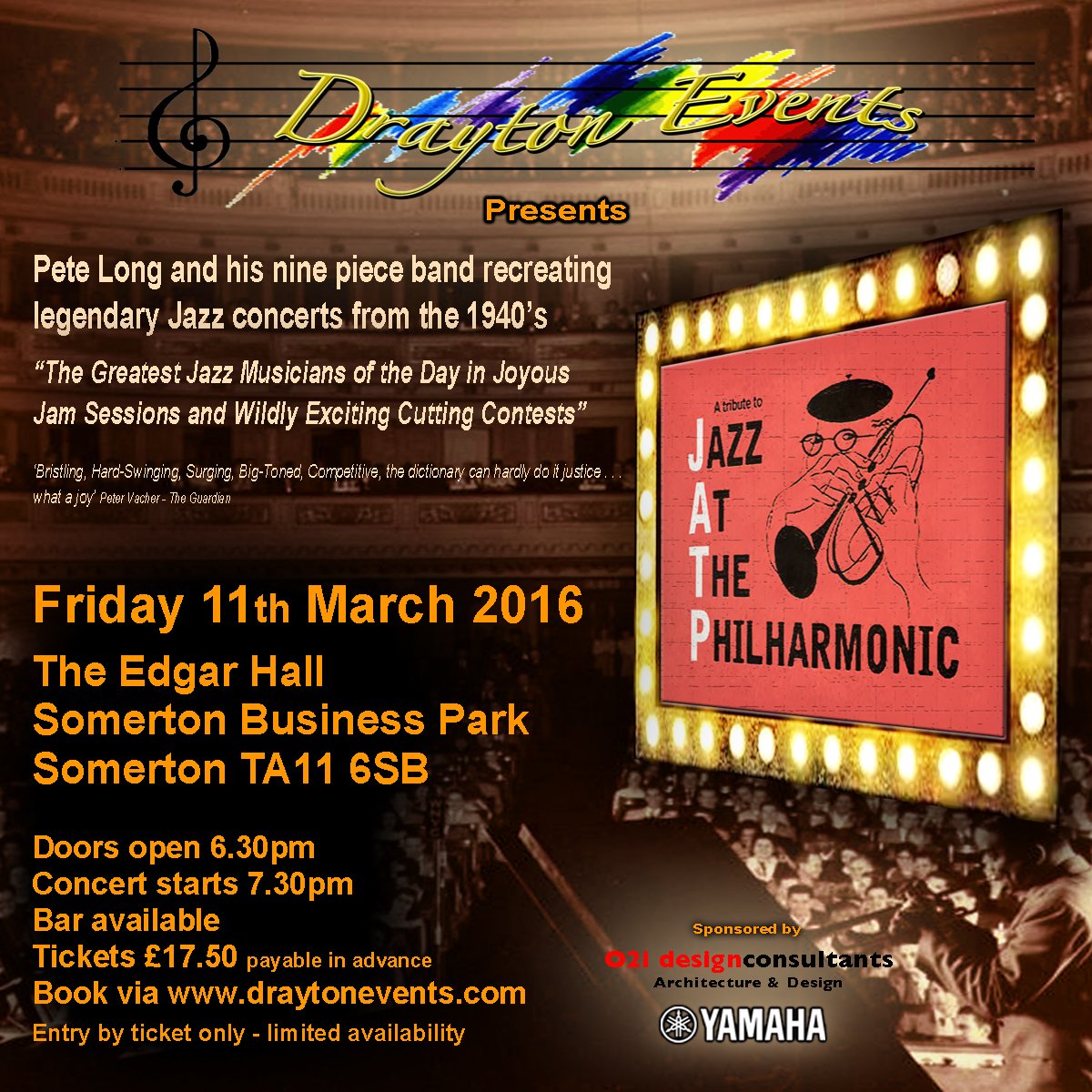 Jazz at the Philharmonic. Stunning band. March 11th, Somerton. Few tickets left. Book now - draytonevents.com