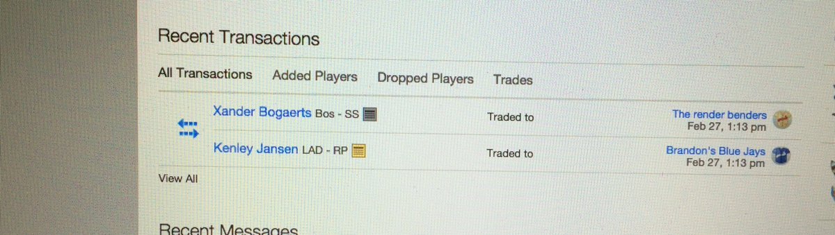STFBL_'s tweet photo. TRADE! That was fast! The BrandonsBlueJays trade Xander Bogaerts to Therenderbenders for Kenley Jansen. @Noah_Luden https://t.co/jhkVUFF0Da
