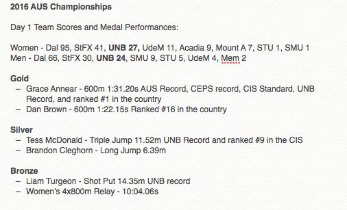 UNBTrack's tweet photo. Day 1 highlights from the @subway @AUS_SUA Track and Field Championships for the UNB @VarsityReds https://t.co/e5IDjOCYuw