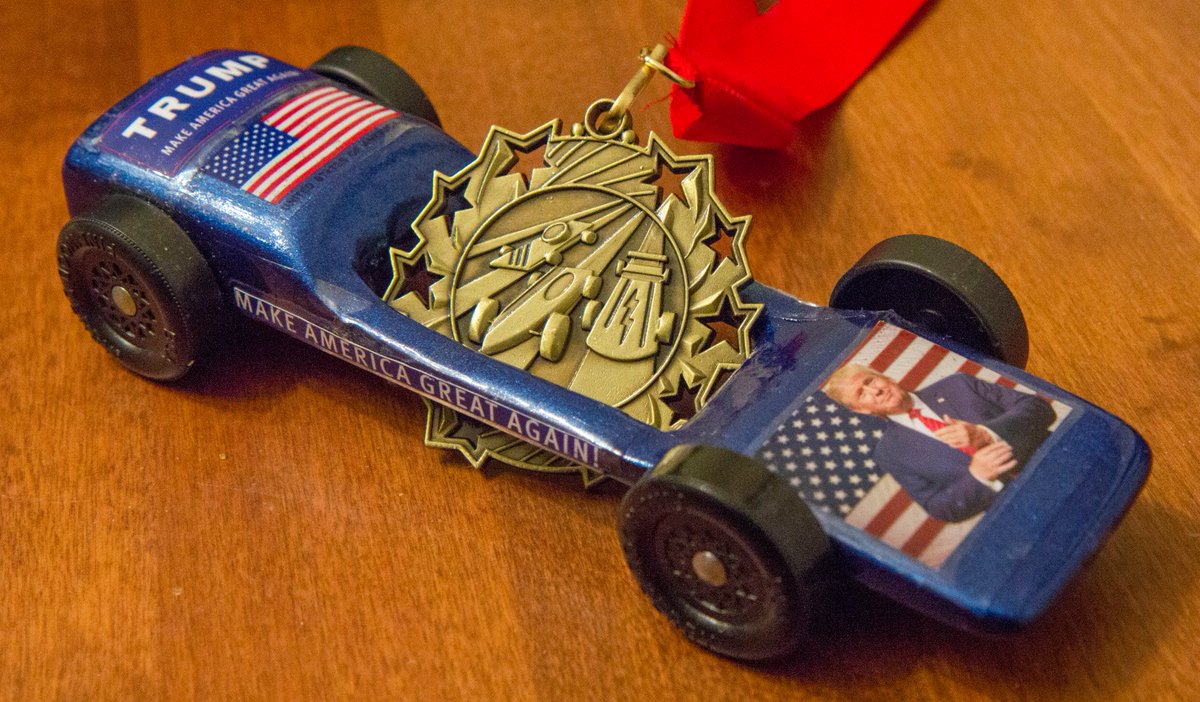JBAlbany's tweet photo. @realDonaldTrump - "Airforce Trump" wins 1st Place at the Pack 43 Pine Wood Derby in Clifton Park, NY! https://t.co/2WBSsFaatv