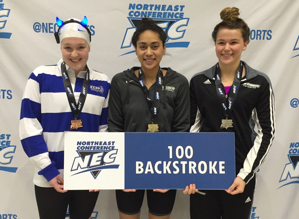 necswimdive's tweet photo. Your top three finalists of the 100 backstroke! @WagnerAthletics @LIUswimming @CCSUBlueDevils #NECSwimDive https://t.co/9GfT90o4wh