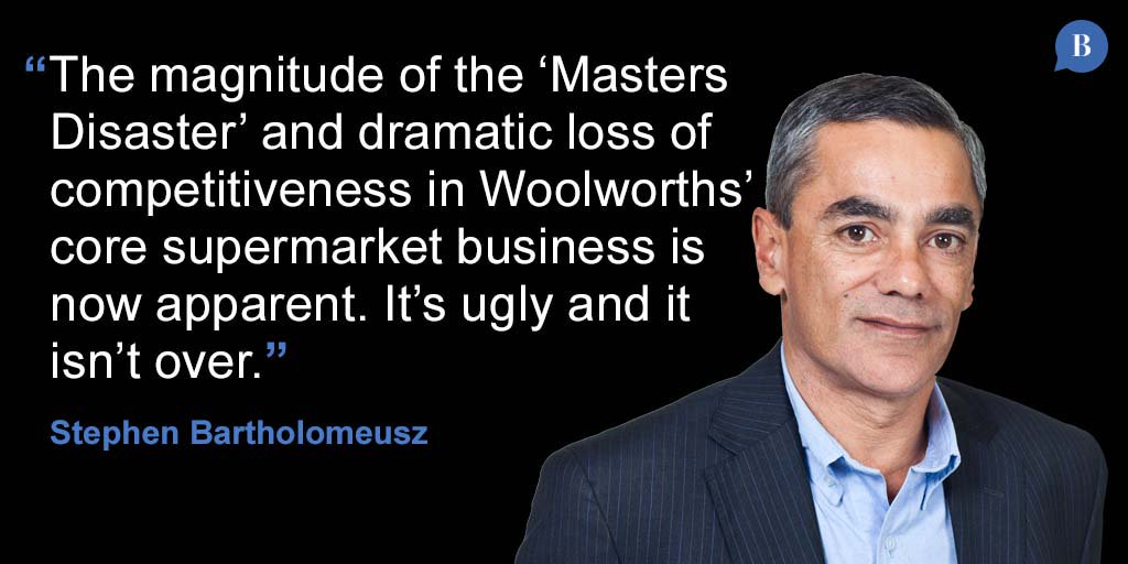 BusinessSpec's tweet photo. BARTHO: Woolworths’ nightmare run isn’t over https://t.co/nMQgV5SFrF  #ausbiz #Woolies #earnings #mastersdisaster https://t.co/nLPRV2Ct13