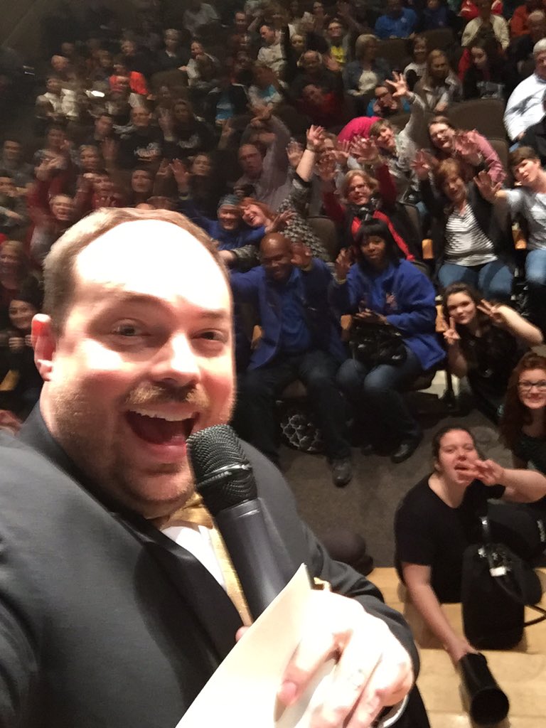 ShowChoirMC's tweet photo. Emcee and audience selfie. Davenport Central audience. Fun people! #RAMShowcase2016 #Emcee https://t.co/2XNAEc2BaW