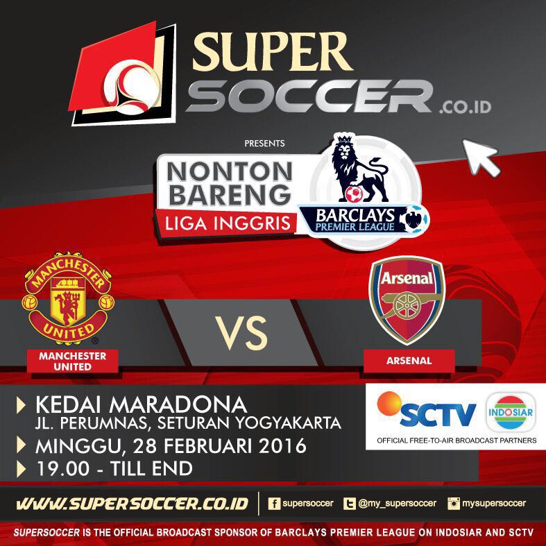 area_jogja's tweet photo. 28/2/16 | 19.00 | LIVE SCREENING | MAN UTD vs ARSENAL | @KedaiMaradona | 18k ( gift+softdrink ) | @unitedarmy_JOG https://t.co/Q00c4fU8Gx
