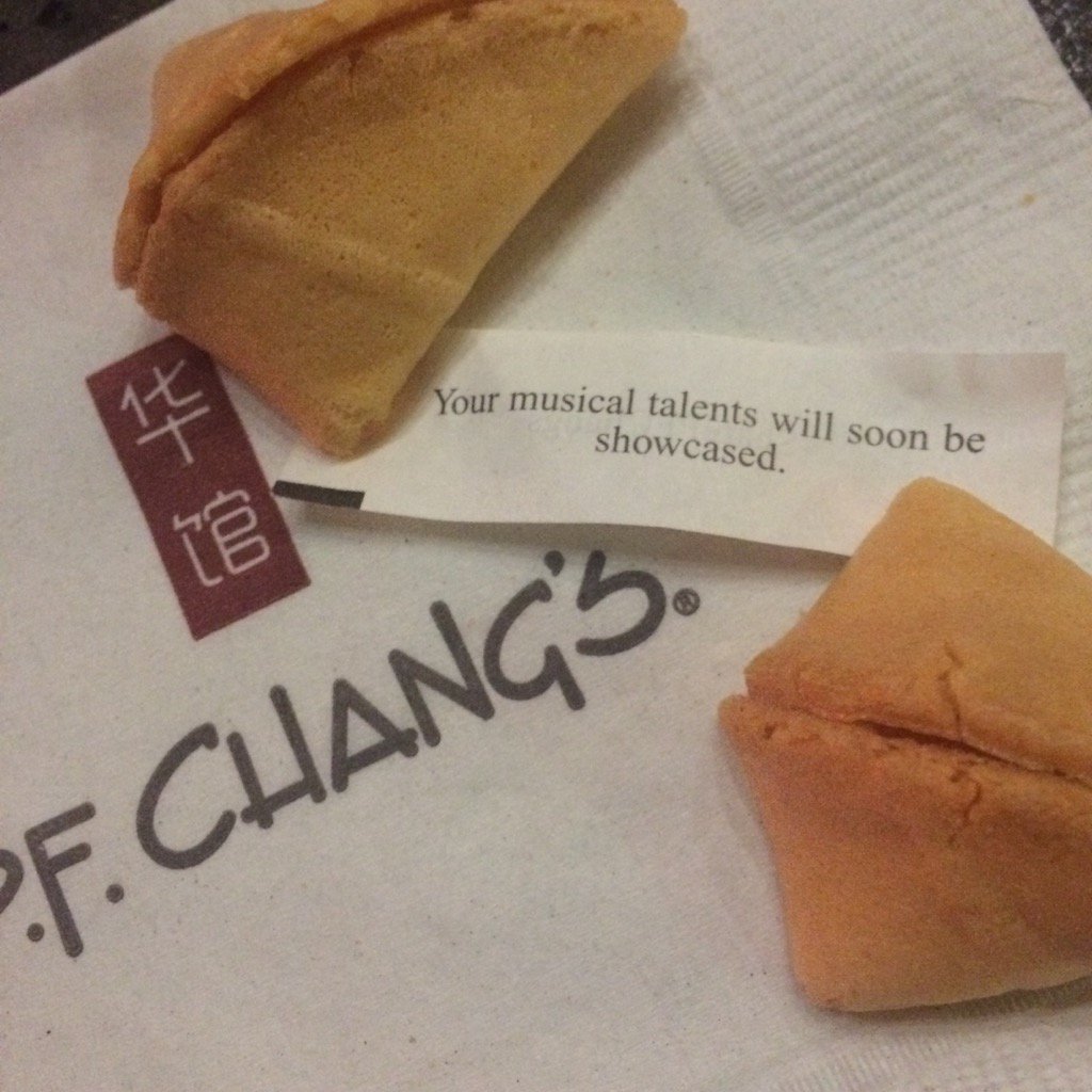 PSbyLV's tweet photo. This is the most specific fortune cookie I've ever gotten. I'm on a dinner break from band practice! #sharePFChangs https://t.co/bCccQchXCb
