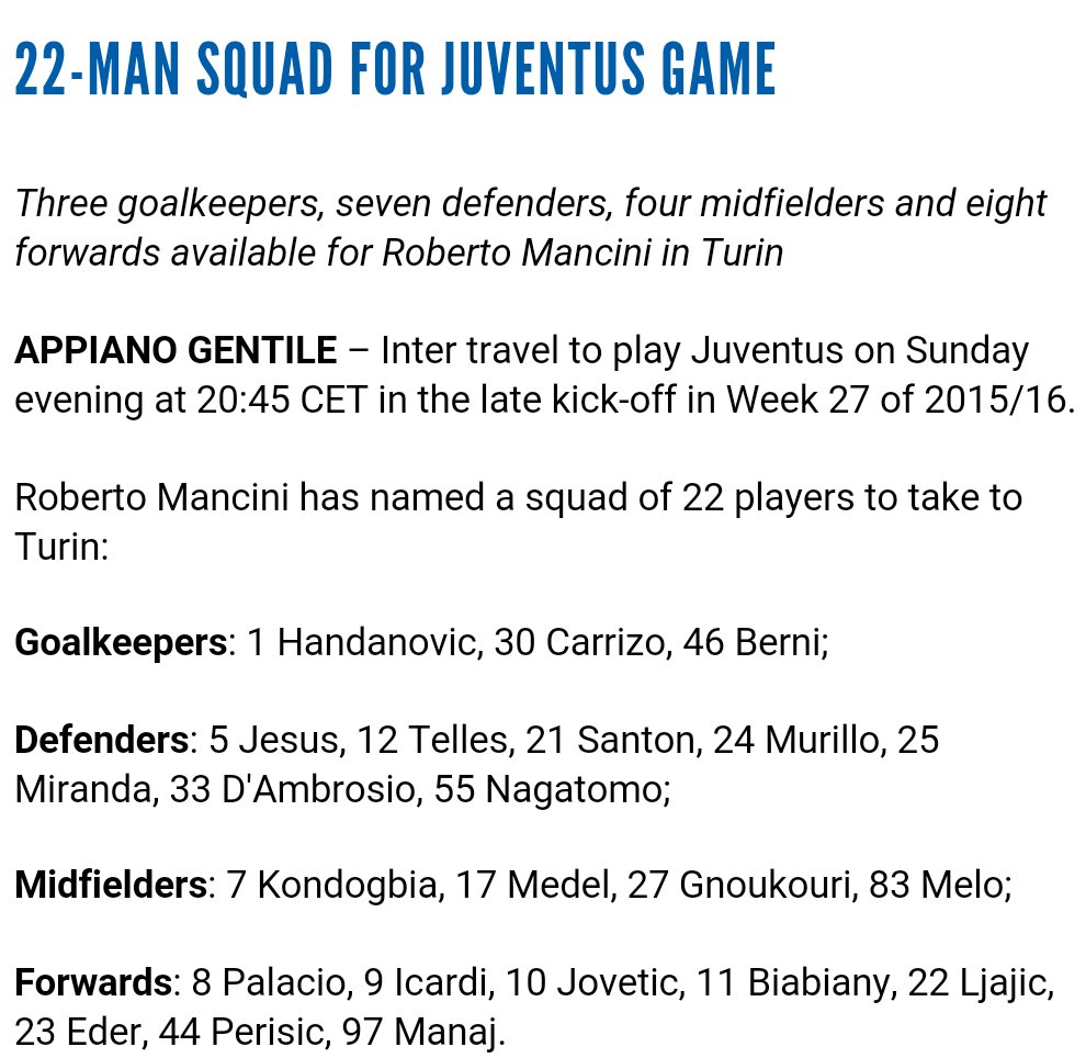 22 pemain yang disiapkan Mancini untuk bertandang ke Juventus stadium. #News