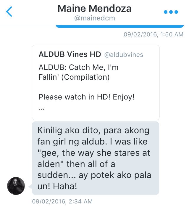 aldubvines's tweet photo. "gee, the way she stares at alden" - Maine's DM on Feb 9

Pa'no ba yung titig, @mainedcm? Haha!

#VoteMaineFPP #KCA https://t.co/mWwBIkatWH
