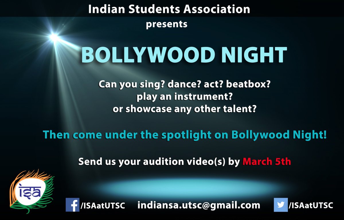ISAatUTSC's tweet image. Looking for performers for Bollywood Night event happening tentatively on March 31st!