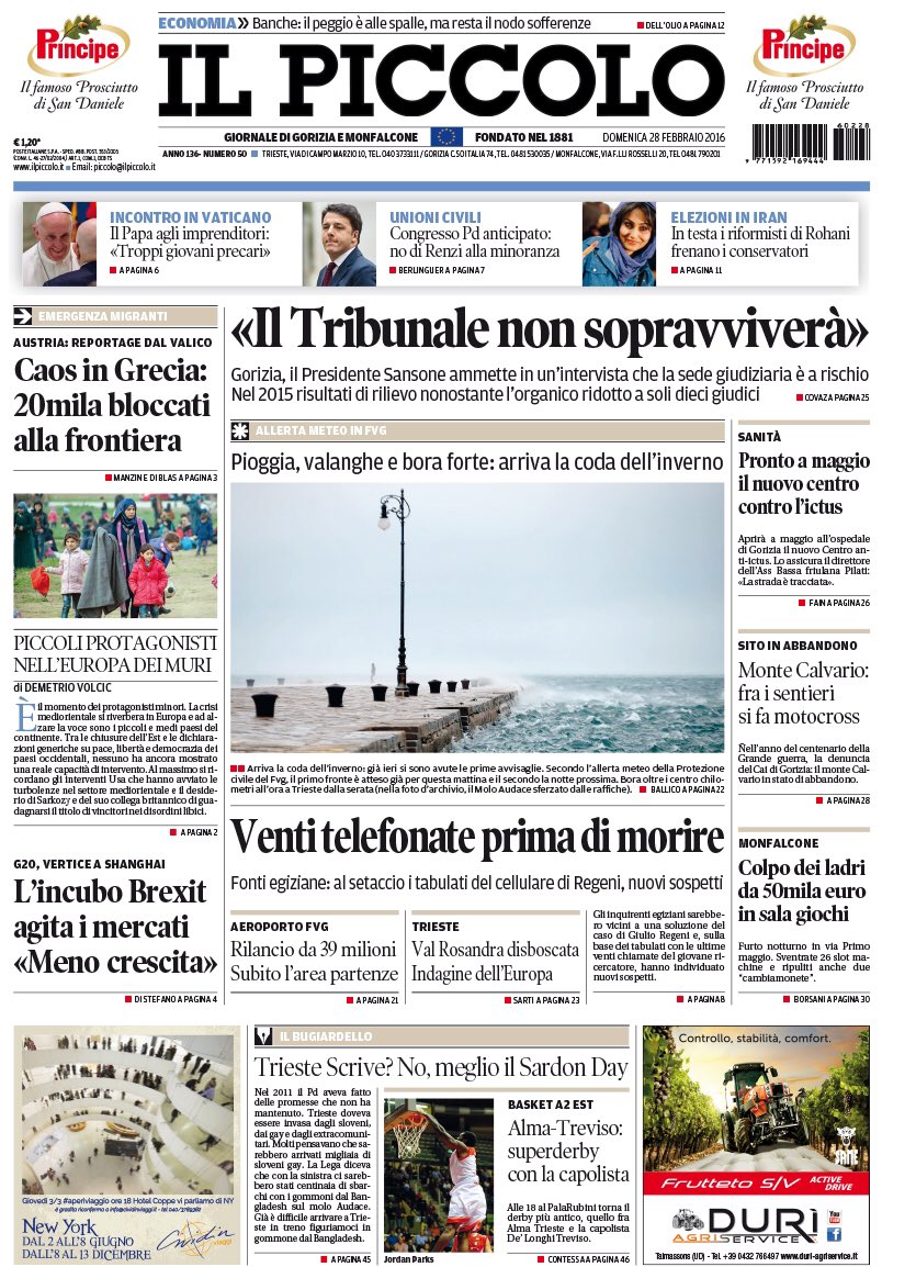 p_possamai's tweet photo. Buon giorno a tutti. La #primapagina di @il_piccolo di oggi
Edizioni #Trieste, #Gorizia, #Monfalcone
#GruppoEspresso https://t.co/H5RNjkD4qe