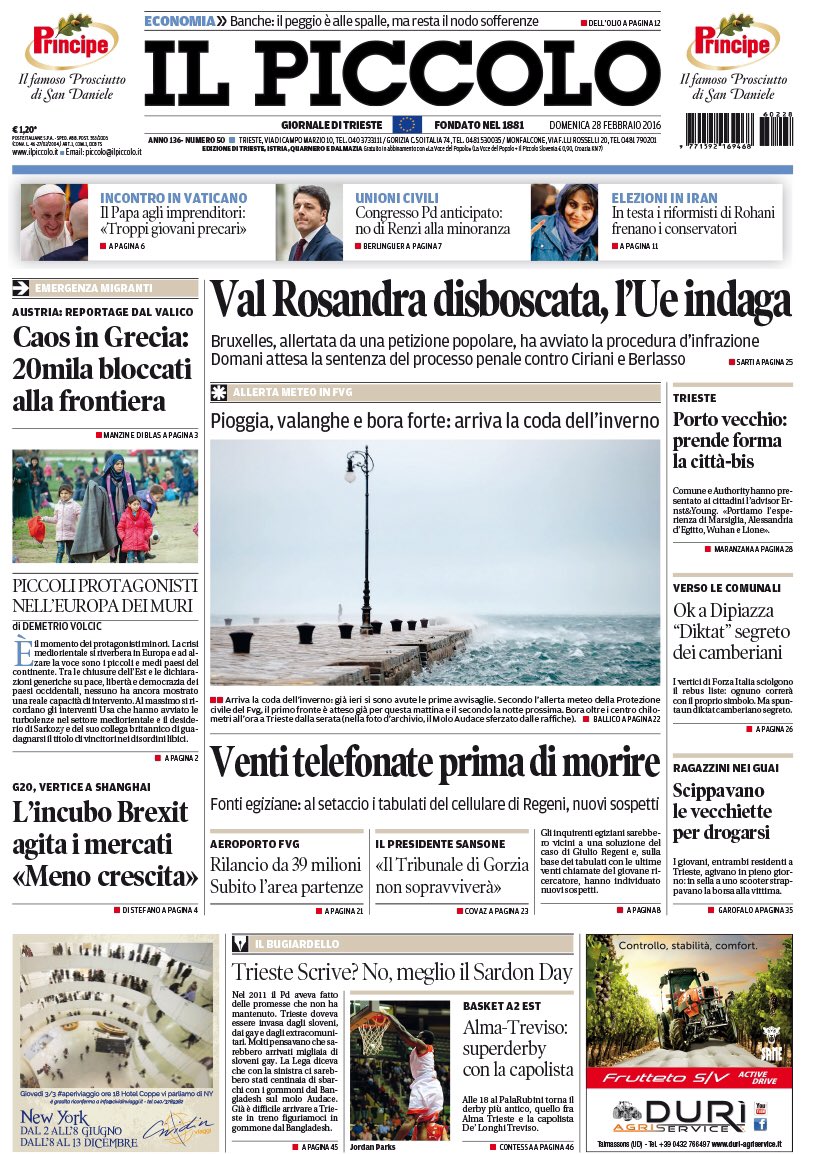 p_possamai's tweet photo. Buon giorno a tutti. La #primapagina di @il_piccolo di oggi
Edizioni #Trieste, #Gorizia, #Monfalcone
#GruppoEspresso https://t.co/H5RNjkD4qe