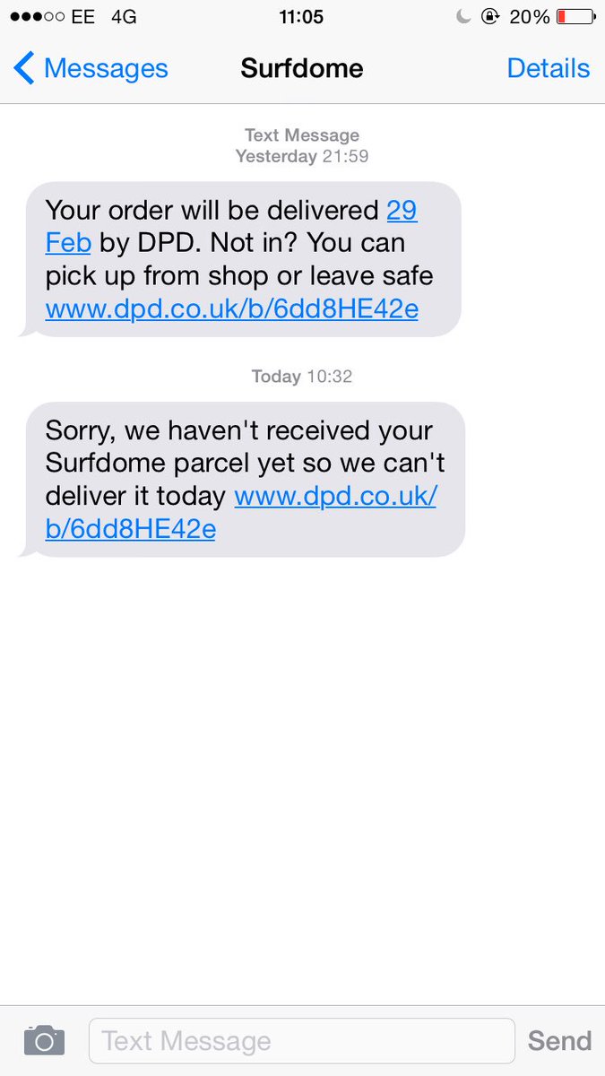 molly_sparkle's tweet photo. @Surfdome I was also charged for next day deliver but got this text this morning? https://t.co/2zPee7WMbM