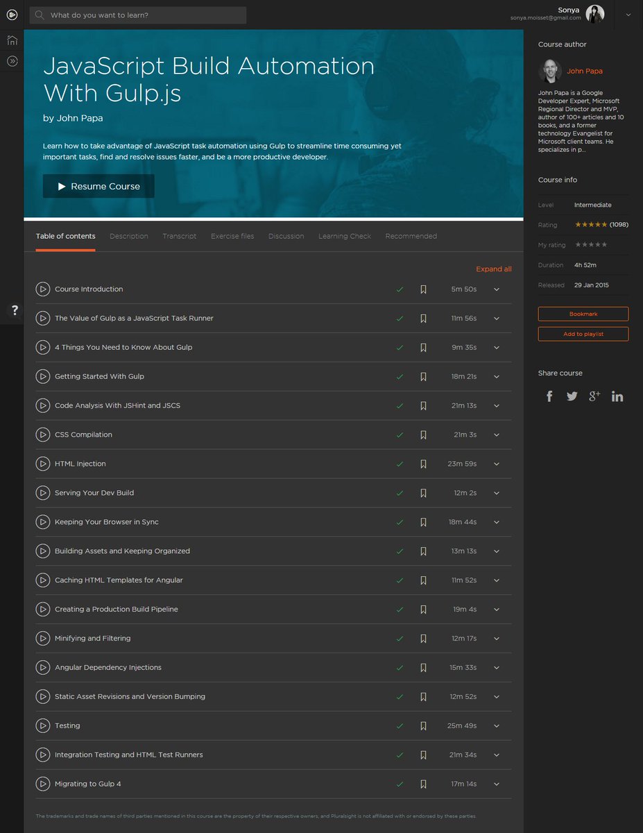 SonyaMoisset's tweet image. #JavaScript Build Automation With #GulpJS | COMPLETED @John_Papa @pluralsight pluralsight.com/courses/javasc…