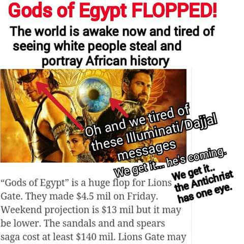Lorietha313's tweet photo. #DoNotSupportThis #HollwoodBullshit
#GodsOfEgypt flops at the box office
Check it out below⬇
https://t.co/DhwztB3HMs https://t.co/QHjsMyYrNt