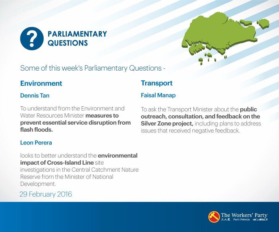 wpsg's tweet photo. Questions on •Environment •Transport | by Dennis Tan , Leon Perera and Faisal Manap #CrossIslandLine #WPinParliament https://t.co/tXbSrlHosj