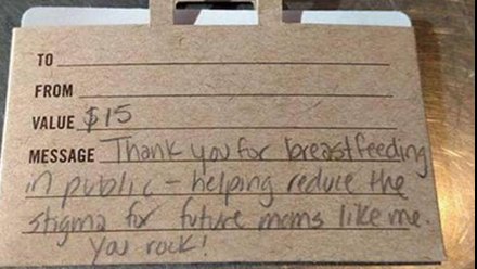 FOX29philly's tweet photo. Breast feeding mom gets a positive note after nursing her child at restaurant. https://t.co/LNTXp6LQNm https://t.co/98VU5ja3Ew