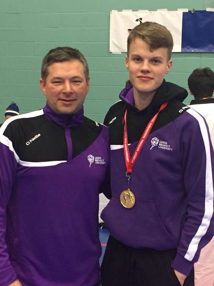 QuestTaekwondo's tweet image. Our #GOLD Medalist and his Coach 🏆 @StudentTKD Games @leedsbeckett @carnegiesport @QuestBaildon @TitusSaltSchool