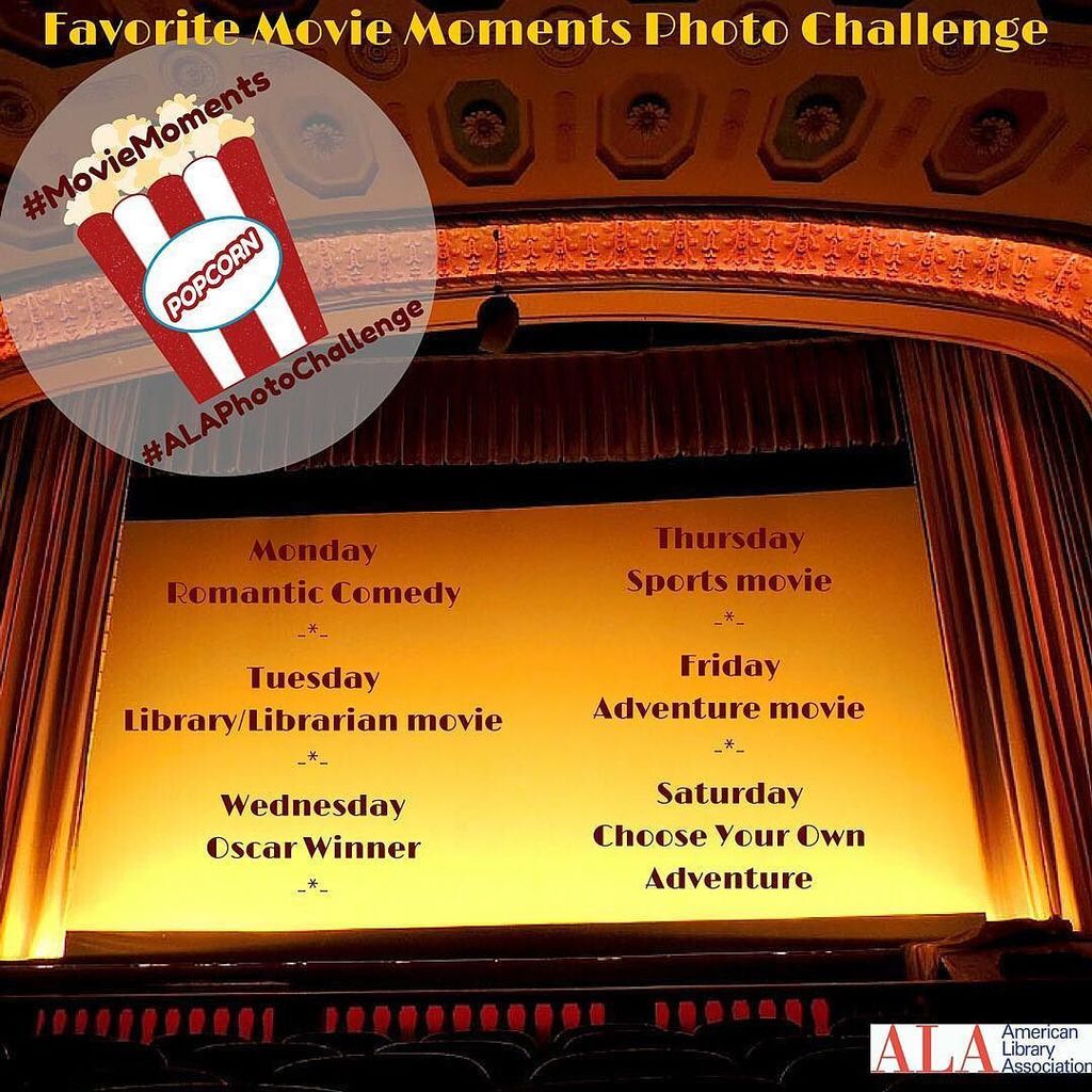 ALALibrary's tweet photo. Ready for another #ALAPhotoChallenge? This time we're looking for your favorite #moviemoments. Recreate scenes with⦠https://t.co/8rxlgpU1dL