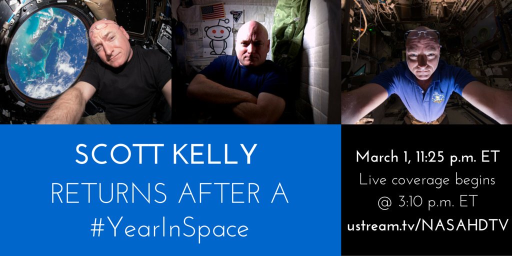 Space_Station's tweet photo. After a #YearInSpace, @StationCDRKelly returns to Earth Tuesday. Watch live coverage: https://t.co/5xr3QyCZYS https://t.co/Y9CrPbCUht