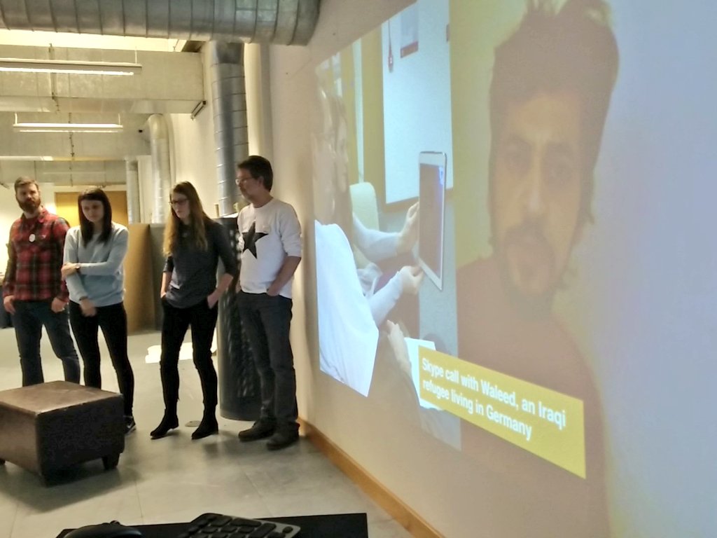 GSJDundee's tweet photo. The team explains their Skype talk with Waleed, an Iraqi refugee living in Germany #GSJam #GSJDundee https://t.co/5PPM87btXV
