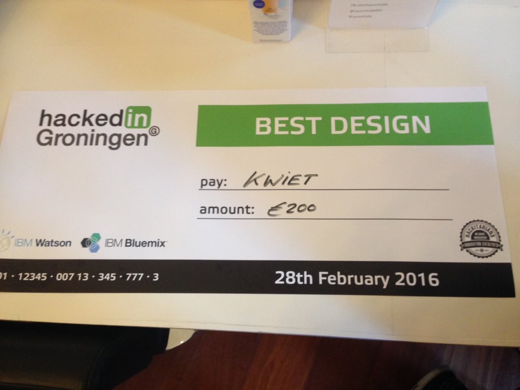 Rudcher's tweet image. We just won best design / ux @hackgroningen! Thanks team: @jipjop13, @Rkallencode! @LaunchCafe050 #iot #hackathon 🎉
