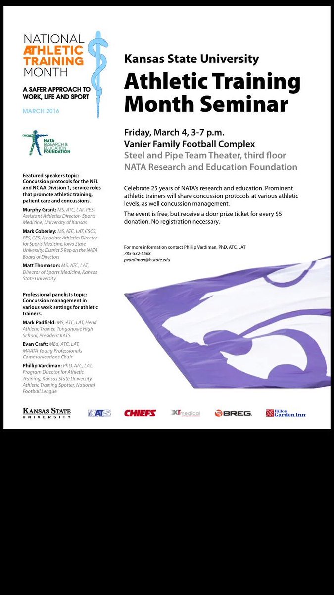 KansasATS's tweet image. Celebrate National Athletic Training Month at Kansas State University Friday March 4th, 3-7.  #NATM2016 #MAATAD5