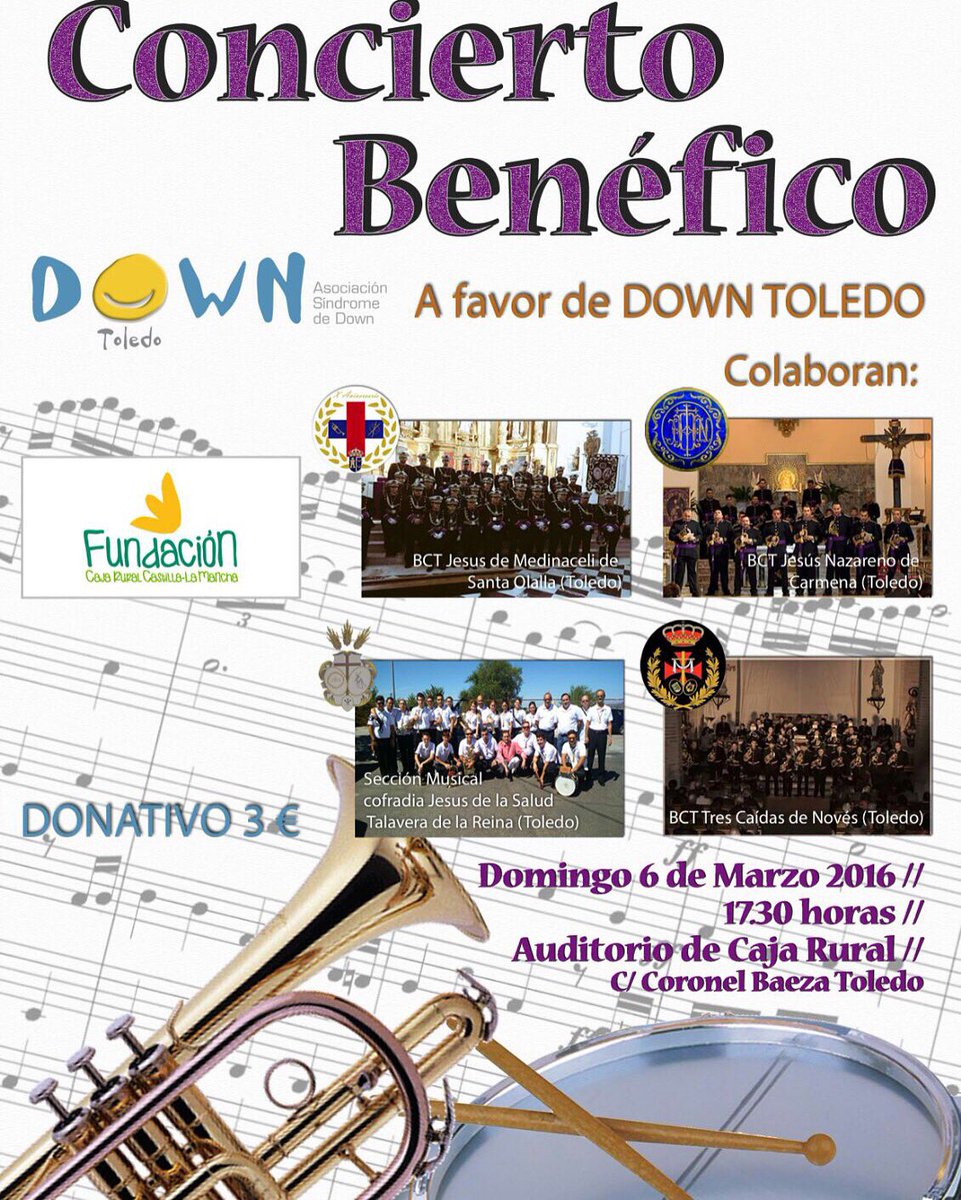 domingo 6 marzo, auditorio <a href="/cajaruralCLM/">eurocajarural</a> <a href="/FCRCLM/">Fundación Caja Rural Castilla-La Mancha</a> con <a href="/BandaMedinacel1/">BCT Jesús de Medinaceli</a> <a href="/BCT_JNAZARENO/">BCT JESUS NAZARENO</a> <a href="/TRESCAIDASNOVES/">TRES CAÍDAS NOVÉS</a> <a href="/BCTSalud/">BCT Salud Talavera</a>