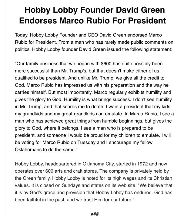 davidfholt's tweet photo. BREAKING: Powerful statement from David Green, founder of Hobby Lobby.   #TeamMarco https://t.co/bYmG2g3MDc