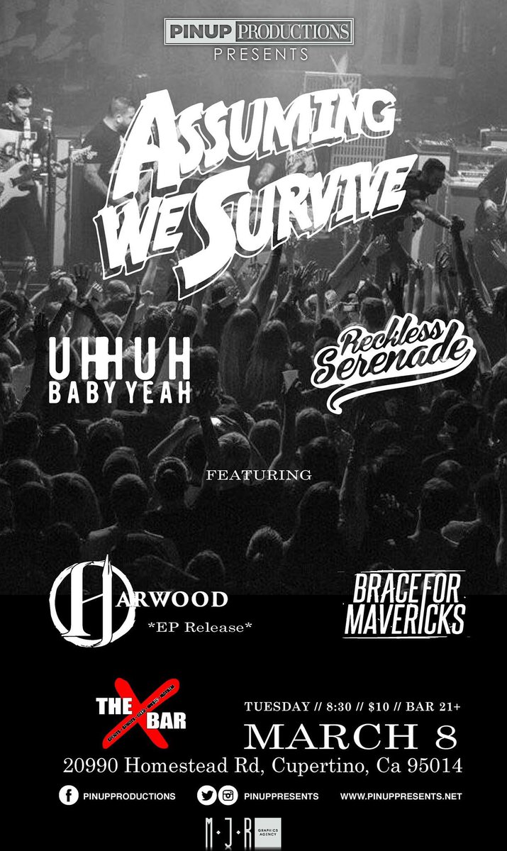 PinUpPresents's tweet photo. March 8th! @awsmusic @uhhuhbabyyeah #RecklessSerenade @Harwoodband #BraceForMavericks at The X Bar! $10! 8:30 PM! RT https://t.co/VVeTszB5LF