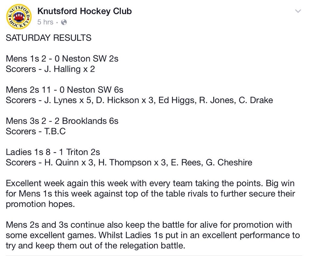 Excellent results this weekend for us down at  Knutsford Hockey Club