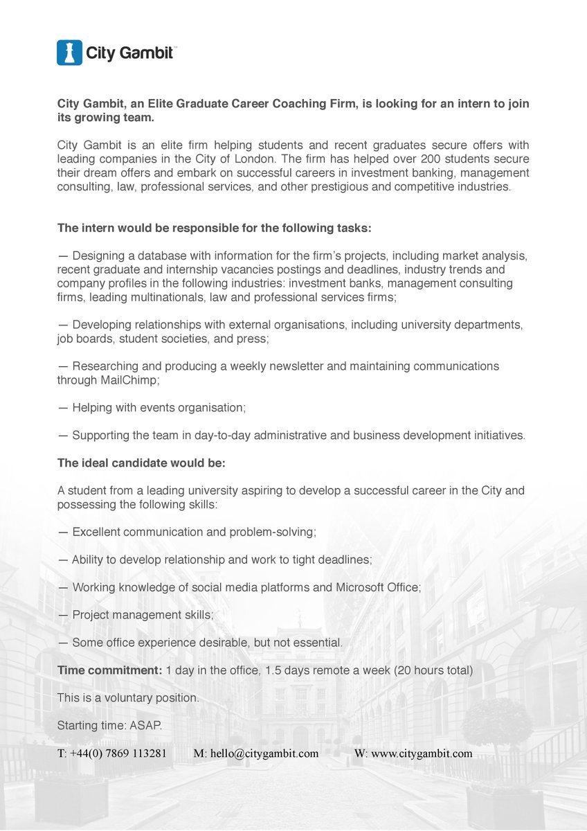 city_gambit's tweet image. WORK EXPERIENCE OPPORTUNITY! Contact us at hello@citygambit.com