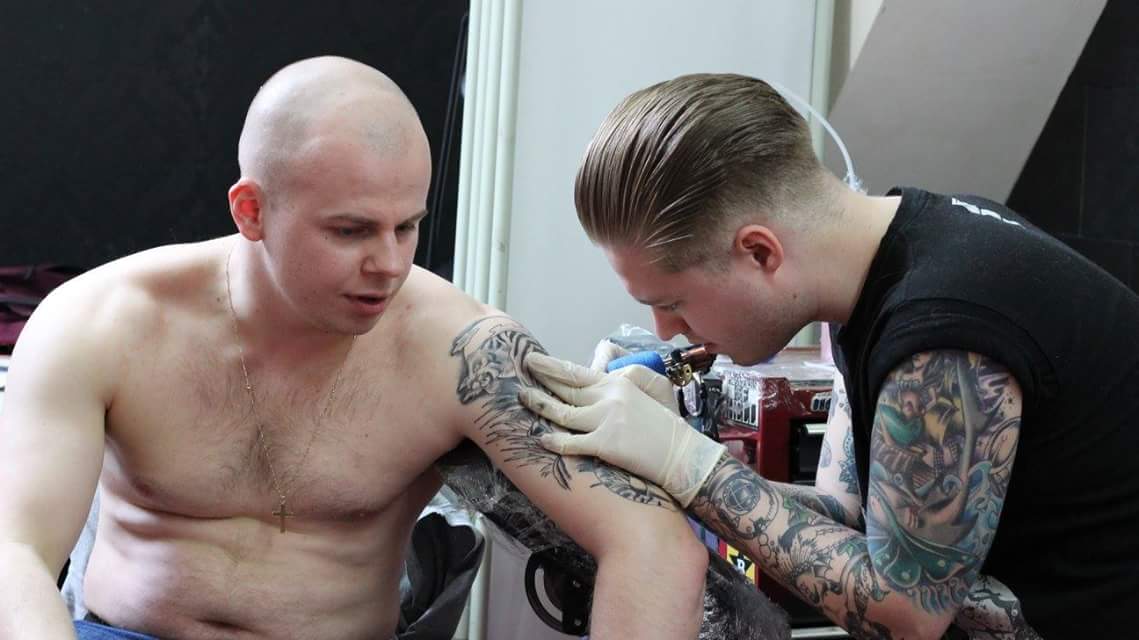 TweetThatTattoo's tweet photo. Mick getting the finishing touches on his first tattoo. #tattoo https://t.co/qjoeJiasho