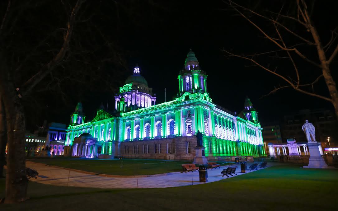 BelfastLive's tweet photo. Belfast City Hall lit up green and white for @RealCFrampton tonight. Photo: Kevin Scott/Presseye https://t.co/i2iy78SgdC