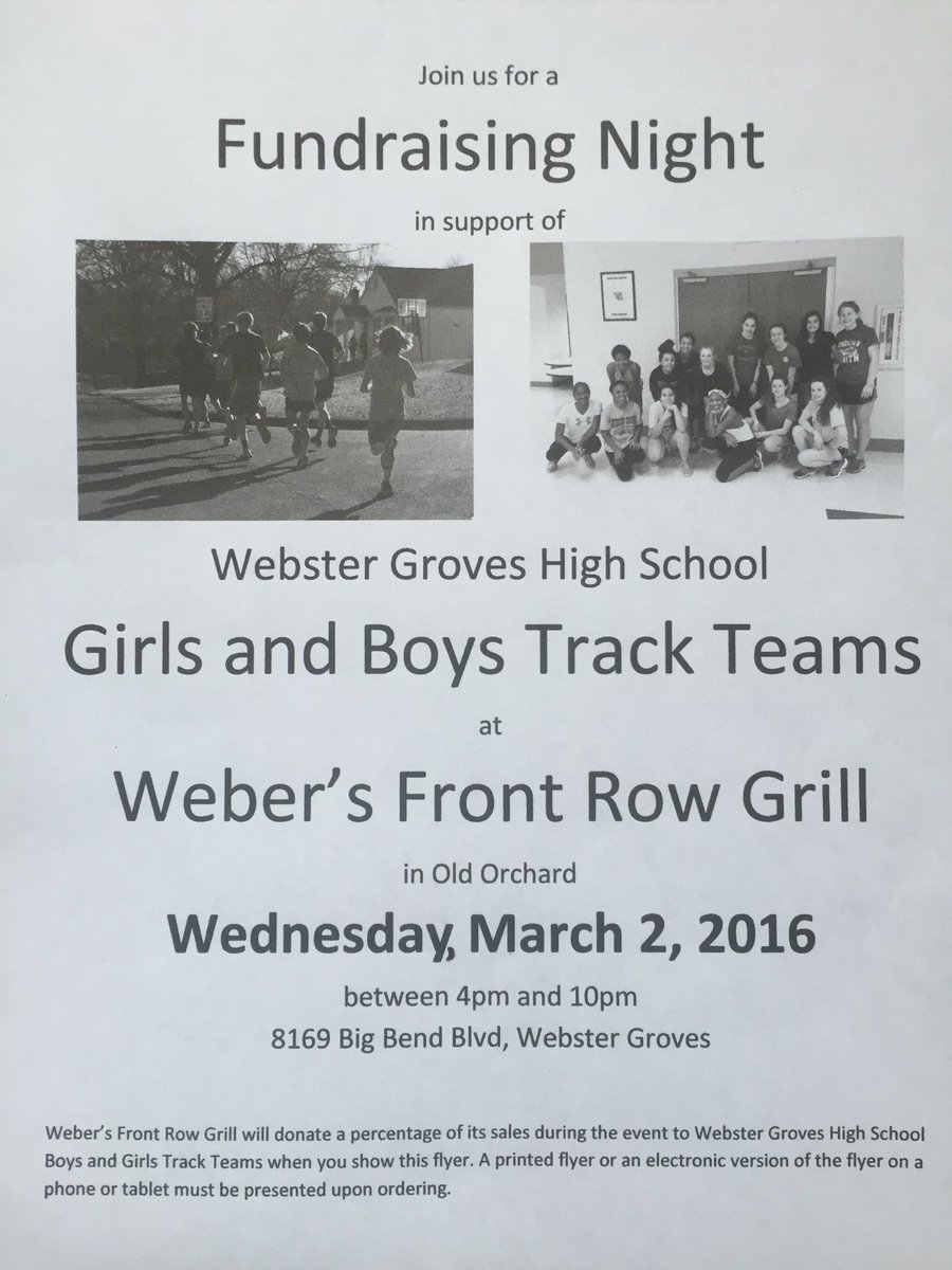 Webster and nearby friends! Come support the WG track teams at Webers this Weds! Show this flyer (phone or printed)