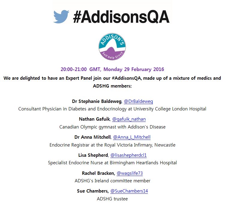 AddisonsUK's tweet image. Join our Tweet Chat #AddisonsQA, 20:00-21:00 GMT, Mon 29 Feb. Find out more: bit.ly/1Q7Eqn5 #RareDiseaseDay