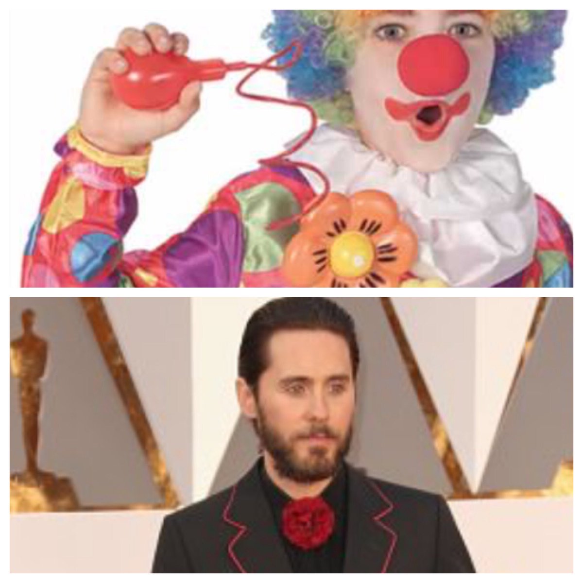 VirginRadioYYC's tweet photo. Who wore it better?? Maybe Jared's flower squirts water too!! He IS playing the Joker!! -@Danayemaier https://t.co/8krSY3PI4S