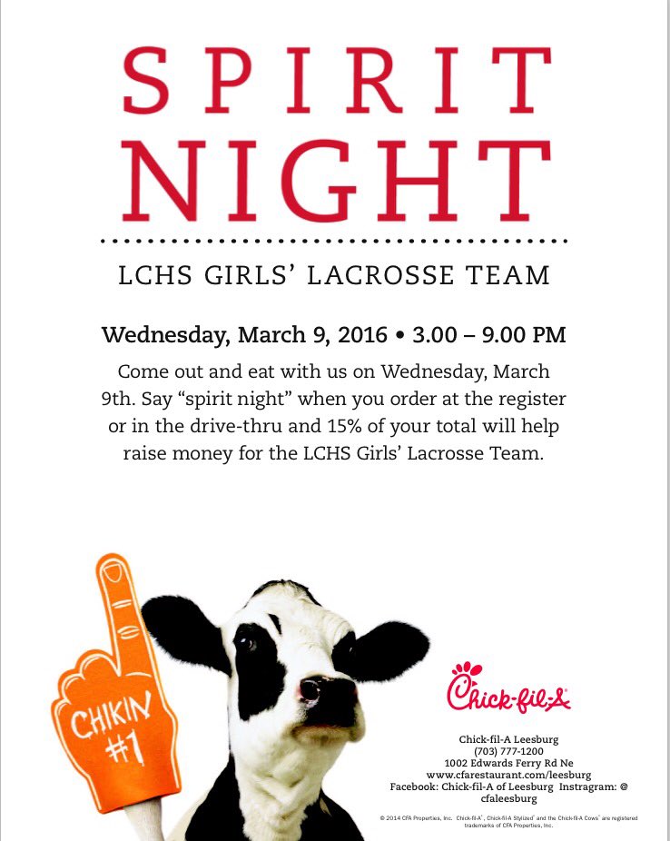 Please come out to Chic-fil-a on Wednesday to help support Loudoun County Girls' Lacrosse!