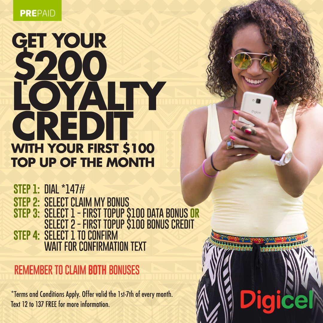 DIGICELJamaica's tweet photo. #DigiUpdate: B/W March 1 - 7, dial *147#, follow steps, get $200 Digi BONUS CREDIT w/ first top up of $100 or more! https://t.co/wqGRs0u4et