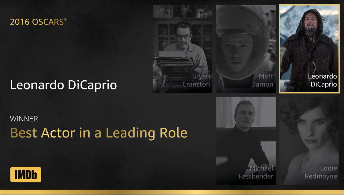 Best Actor in a Leading Role goes to ... Leonardo DiCaprio,
#TheRevenant imdb.to/1QFFiMG #IMDbOscars #Oscars
