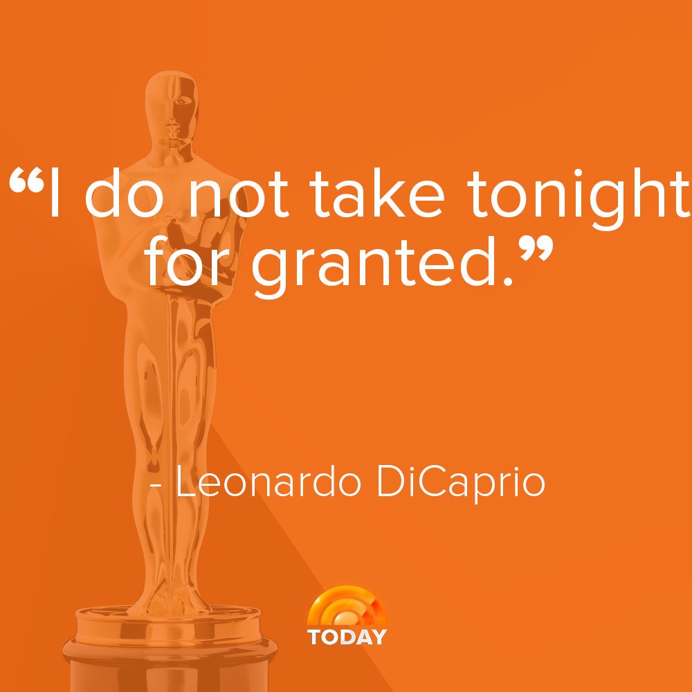 TODAYshow's tweet photo. Leo's final words tonight #Oscars https://t.co/a1pq5BqijH