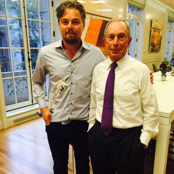 MikeBloomberg's tweet photo. Congrats @LeoDicaprio, gifted actor &amp; environmentalist. W/your Oscar Hollywood will finally be able to tell us apart https://t.co/xhMnQW3u0I