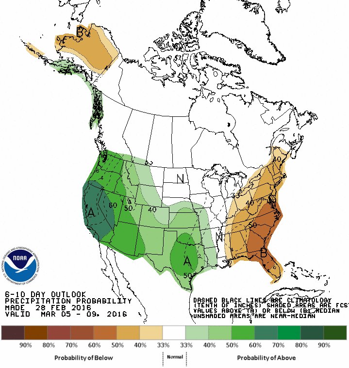 NWSLosAngeles's tweet photo. The 6-10 day precip. outlook from CPC, rain chances for #SoCal will be mainly next weekend, Sat into Sun. #cawx https://t.co/Wiw0fm8U4D