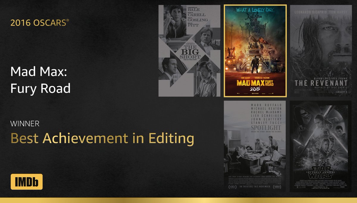 Best Film Editing goes to...Margaret Sixel, #MadMaxFuryRoad! imdb.to/1QFFiMG #IMDbOscars #Oscars