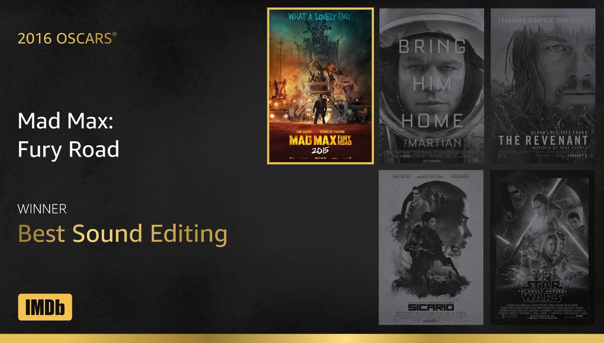 Best Sound Editing goes to...#MadMaxFuryRoad! imdb.to/1QFFiMG #IMDbOscars #Oscars