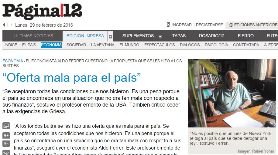 "Oferta mala para el país" <a href="/AldoFerrer2013/">Aldo Ferrer</a> 

Como en bolsa a la negociación con buitres.

pagina12.com.ar/diario/economi…