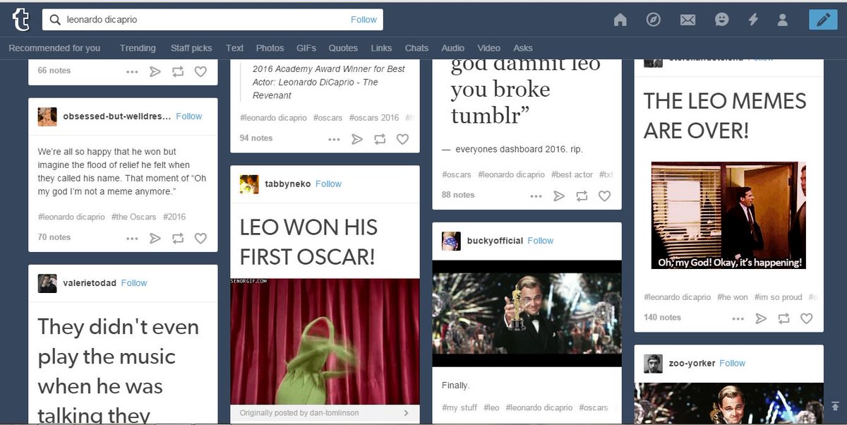 wowhorse's tweet photo. Live screen cap of Tumblr right now. #Oscars #LeoDidIt https://t.co/KMkmmavRvG