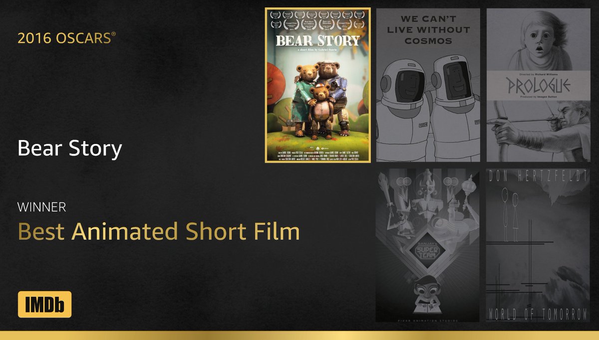 Best Animated Short Film goes to...#BearStory! imdb.to/1QFFiMG #IMDbOscars #Oscars